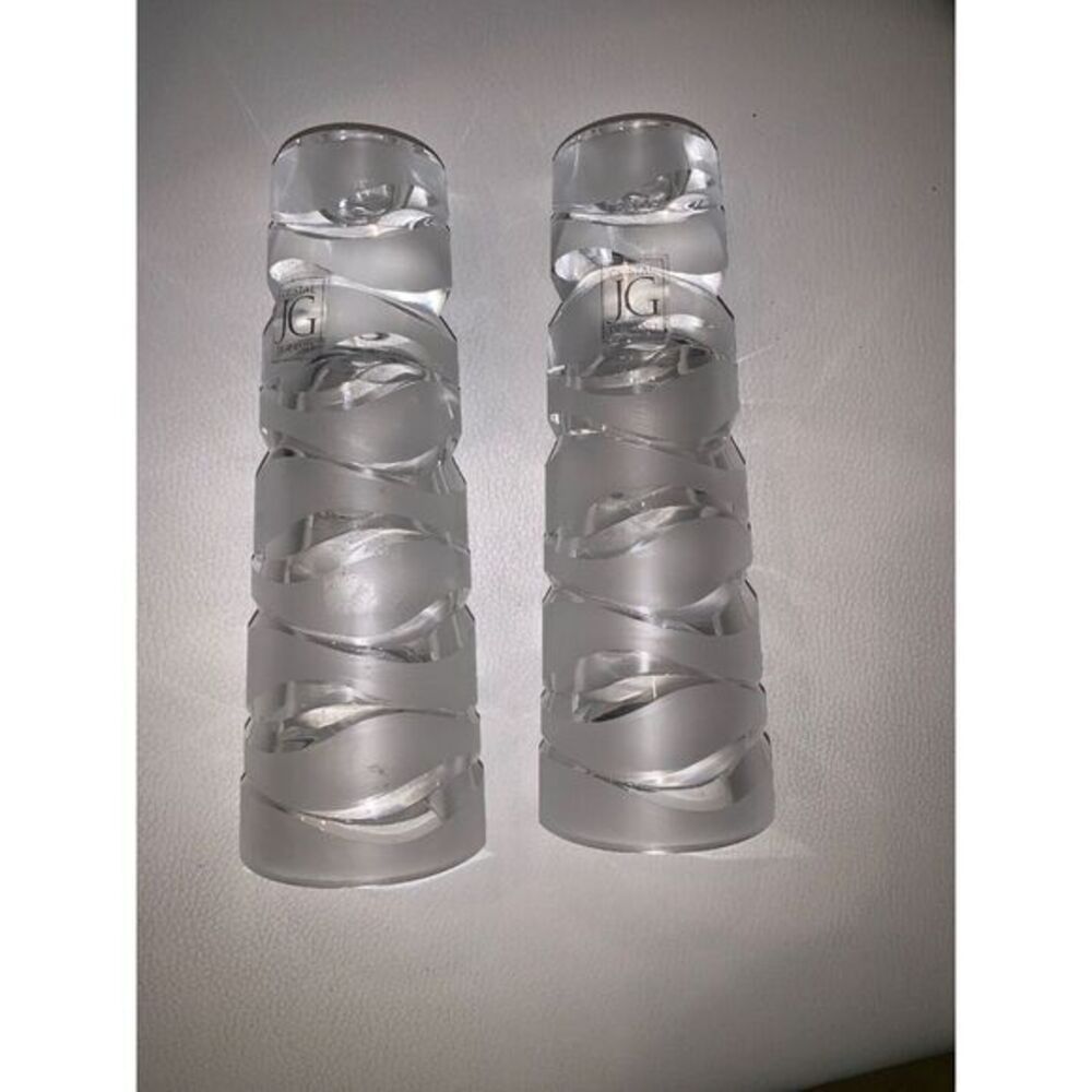 Pair of JG Durand Crystal Glass Candle Holders. w/ Stickers.